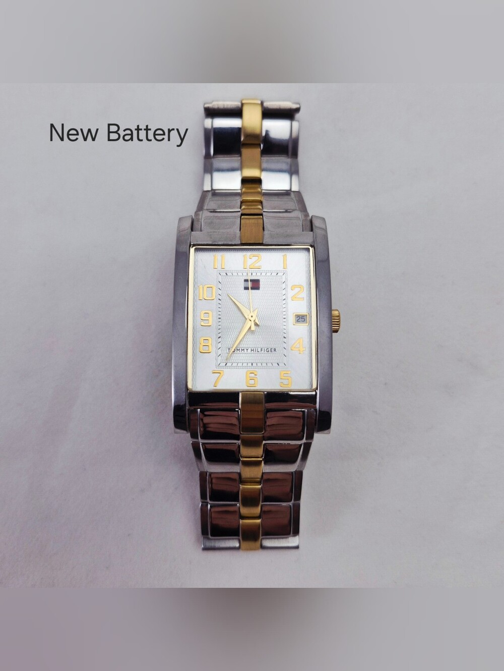 Tommy Hilfiger Men's Watch Rectangular 2 Toned Silver Gold Band Analog Working